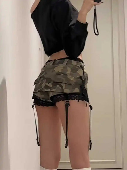 Summer Women Gyaru Coquette Camouflage Culottes Harajuku Shoujo 2000s Aesthetic Low Rise Mini Denim Skirt Korean Y2k Japanese DRACO COUTURE