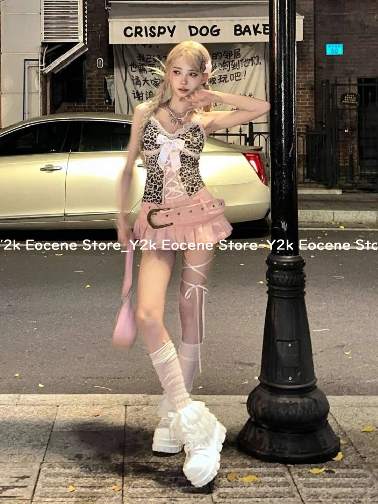 Aesthetic Pink Lace Skirt Suit Women 2025 Summer New Sexy Hot Girl Leopard Print Camisole Top High Waisted Skirt Two Piece Set DRACO COUTURE