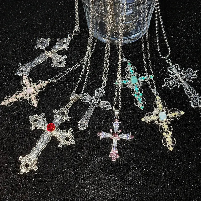 Gothic Big Zircon Cross Necklace Unisex Y2K Irregular Goth Large Cross Pendant Necklaces  for Men Women Couple Necklace Jewelry - DRACO COUTURE