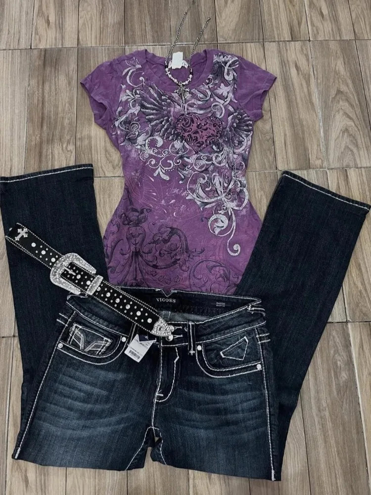 Women's Subculture Vintage Purple Print T-Shirt Summer Y2k American Retro Slim Tees Casual Harajuku Grunge Fashion Tops New