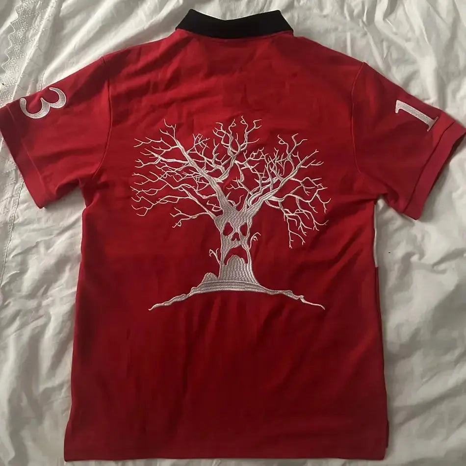 Haunted Mound Embroidered Red Polo Shirt Y2K Tshirt HipHop Retro Pumpkin Head Letter Embroidered Oversized Short Sleeve Top - DRACO COUTURE