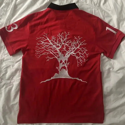Haunted Mound Embroidered Red Polo Shirt Y2K Tshirt HipHop Retro Pumpkin Head Letter Embroidered Oversized Short Sleeve Top - DRACO COUTURE
