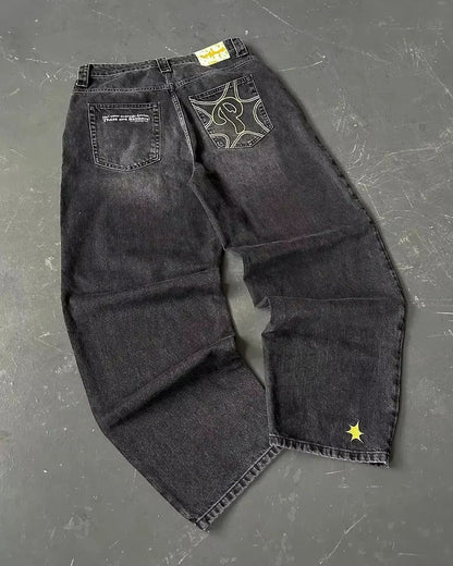 American Street Trend Letter Embroidered Loose Jeans Men Harajuku Y2K New Hip Hop Oversized Wide-leg Pants Unisex Mopping Jeans DRACO COUTURE