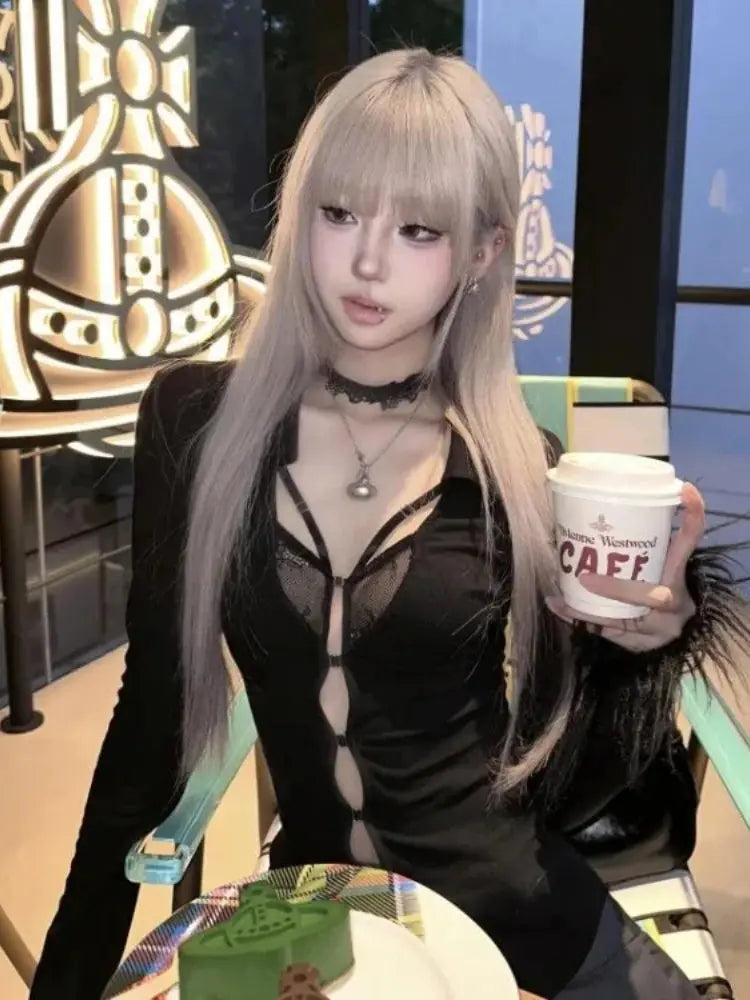 Y2k Gothic Black V-neck - DRACO COUTURE
