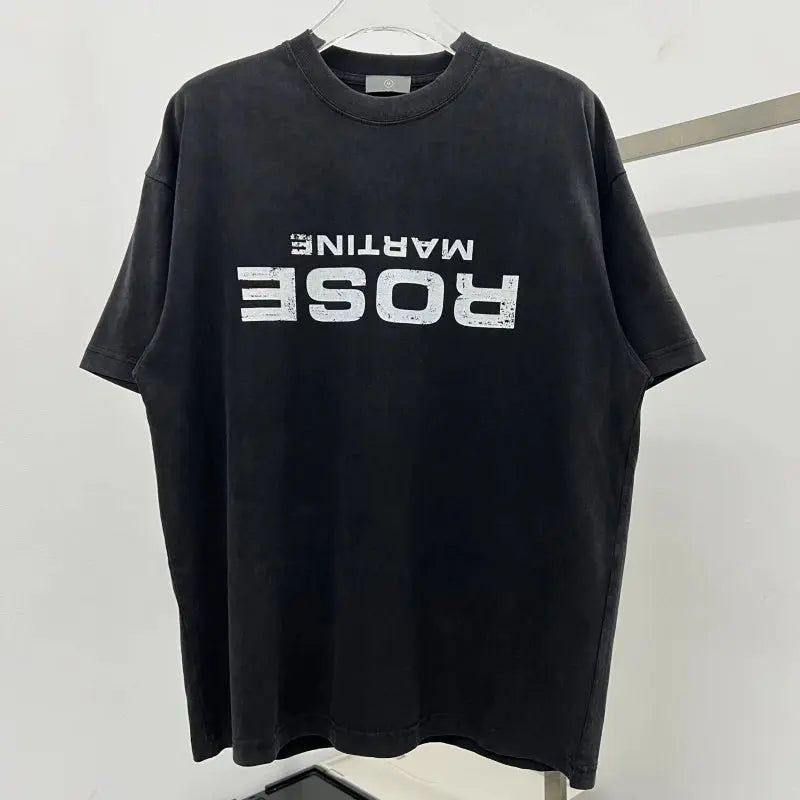 2025 new American fashion brand high street creative retro mottled alphabet print short sleeve heavy wash to do old round collar - DRACO COUTURE