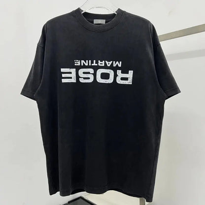 2025 new American fashion brand high street creative retro mottled alphabet print short sleeve heavy wash to do old round collar - DRACO COUTURE