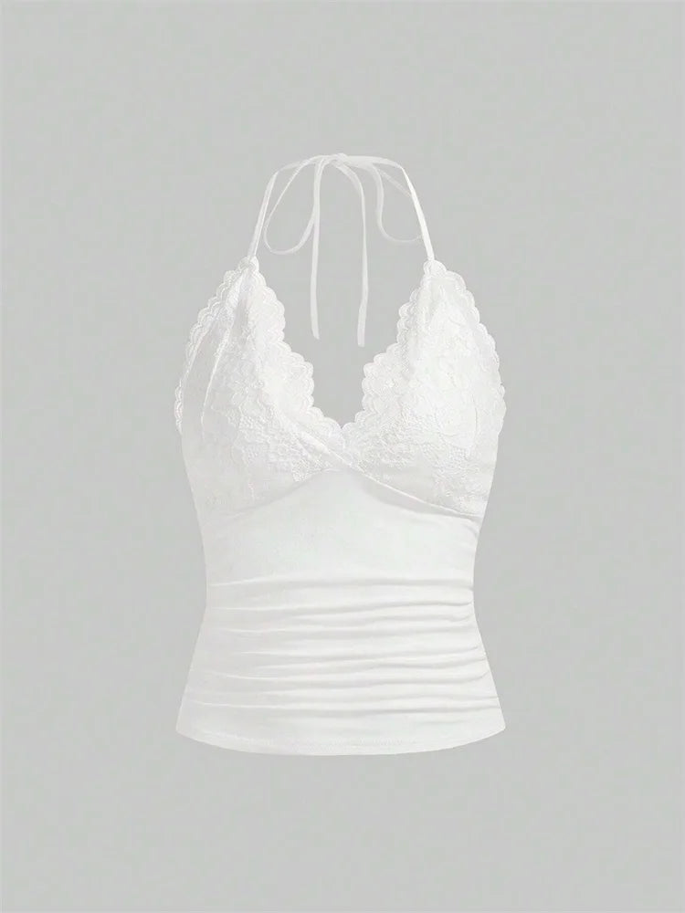 Lace V-neck Halter Top Women Summer Sexy Grunge Punk Goth Backless Ruched Crop Top Cami Top Streetwear Y2K Clothes 2024 DRACO COUTURE