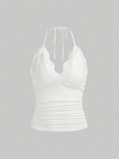 Lace V-neck Halter Top Women Summer Sexy Grunge Punk Goth Backless Ruched Crop Top Cami Top Streetwear Y2K Clothes 2024 DRACO COUTURE
