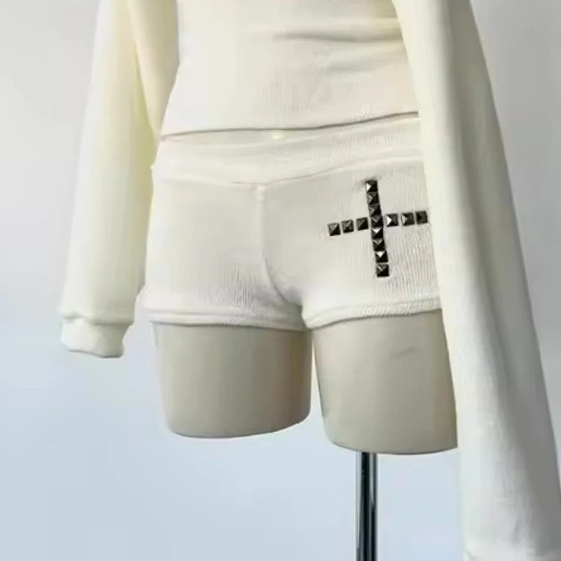 Goth Aesthetic Long Sleeve Two Piece Set Women Off Shoulder Top + Sexy Slim Shorts Y2K Cross Harajuku E-Girls Streetwear Outfit DRACO COUTURE