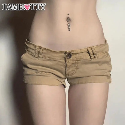 IAMHOTTY Low-rise Cargo Denim Shorts Khaki Vintage Skinny Jean Hot Pants High Street Casual Basic Bottoms Cool Jean Shorts Women - DRACO COUTURE