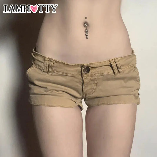 IAMHOTTY Low-rise Cargo Denim Shorts Khaki Vintage Skinny Jean Hot Pants High Street Casual Basic Bottoms Cool Jean Shorts Women - DRACO COUTURE