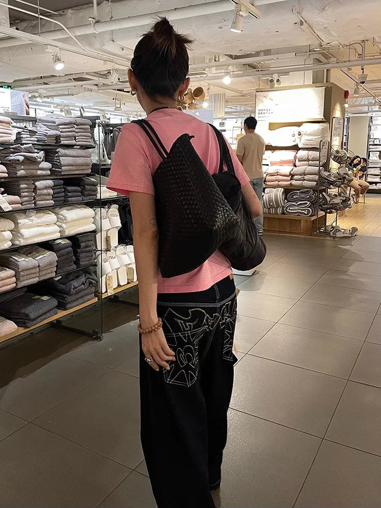 Y2K bestickte Wide-Leg-Jeans – Schwarz, hoher Bund