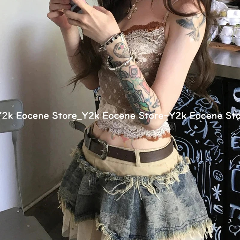2000s Japanese Fashion Camisole Tank Women Summer Dot Print Lace Casual Outfits Sexy Strap Tops Patchwork Y2k Design T-shirts DRACO COUTURE
