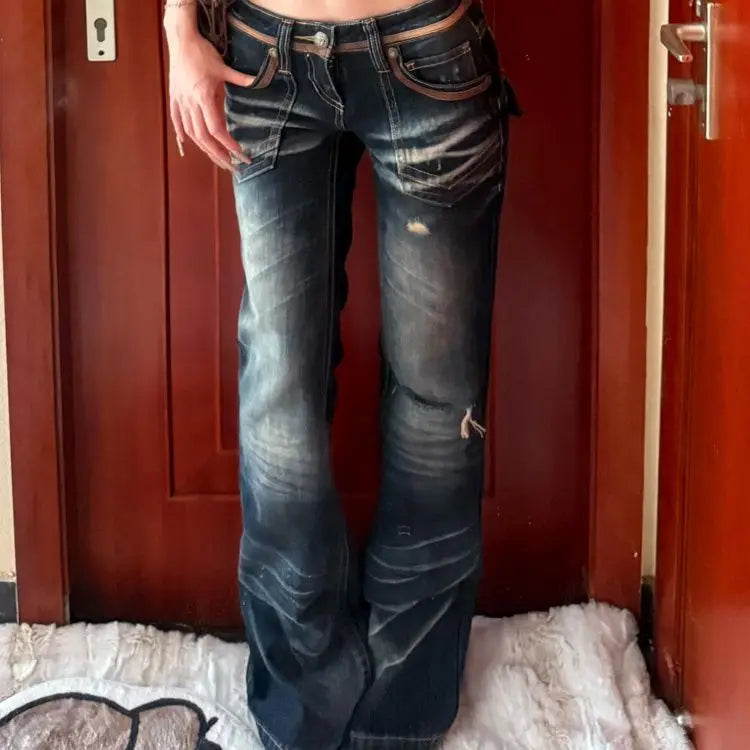 American Vintage Low Waist Heavy Work Weed Damenjeans Summer Street Y2K Spicy Scratch Micro Flared Pants Blaue lange Hose