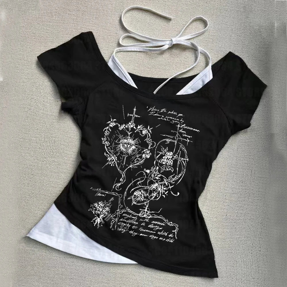 2K Fairy Grunge Grafik-T-Shirts für Damen, E-Girls, Goth Rippstrick-Langarm-Tops, Vintage Emo Kleidung, 2000er Retro Streetwear