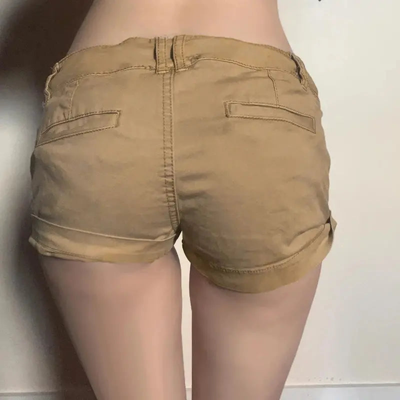 IAMHOTTY Low-rise Cargo Denim Shorts Khaki Vintage Skinny Jean Hot Pants High Street Casual Basic Bottoms Cool Jean Shorts Women - DRACO COUTURE