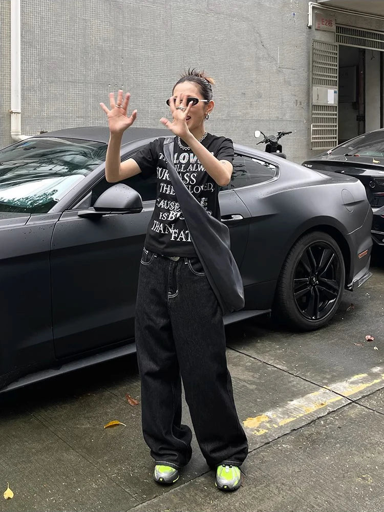 Y2K bestickte Wide-Leg-Jeans – Schwarz, hoher Bund