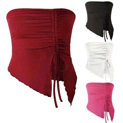 Spring and Summer New Drawstring Red Valentine's Day Party Ins Style Young Slit Asymmetrical Slim Off-Shoulder One-Shoulder Sexy Women's Top Wrapped Chest Vest DRACO COUTURE