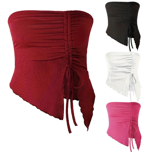 Spring and Summer New Drawstring Red Valentine's Day Party Ins Style Young Slit Asymmetrical Slim Off-Shoulder One-Shoulder Sexy Women's Top Wrapped Chest Vest DRACO COUTURE
