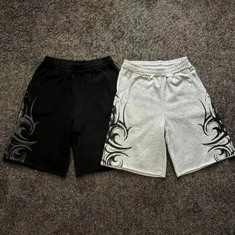 90s Harajuku Print Casual Men Women Geometric Graffiti Shorts Y2K High Waist Baggy Hip Hop Pure Cotton Sports Wide Leg Shorts - DRACO COUTURE