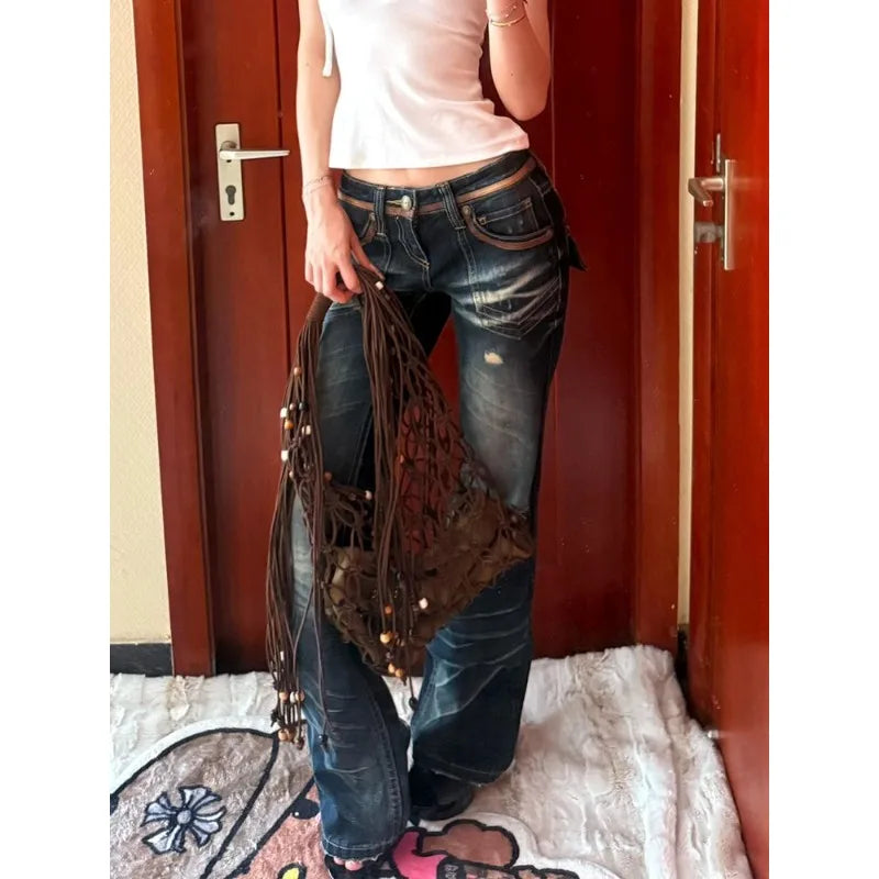 American Vintage Low Waist Heavy Work Weed Damenjeans Summer Street Y2K Spicy Scratch Micro Flared Pants Blaue lange Hose