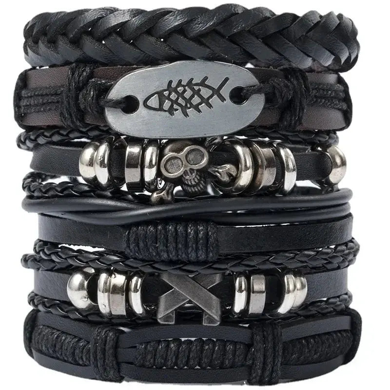 4/5/6pcs Evil Eye Wing Star Skull Diy Braided Punk Style Bracelet Set, Featuring Pu Leather And Beads Bracelet - DRACO COUTURE