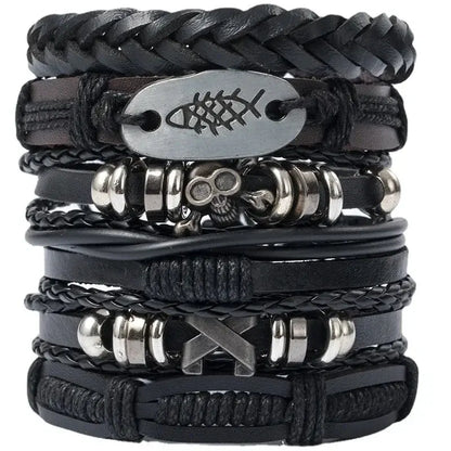 4/5/6pcs Evil Eye Wing Star Skull Diy Braided Punk Style Bracelet Set, Featuring Pu Leather And Beads Bracelet - DRACO COUTURE