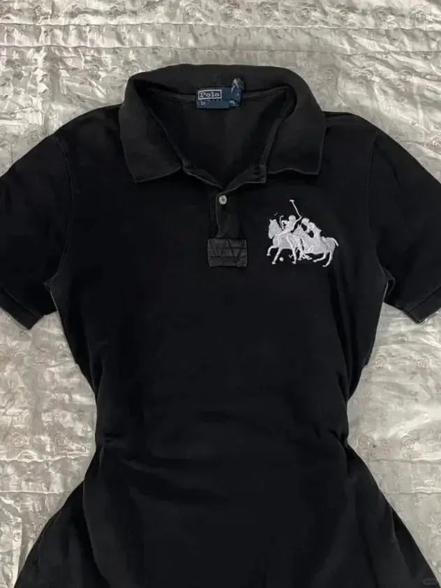 Trendy polo shirt women lapel T-shirts women's short sleeved 2025 new summer goth pure cotton vintage casual slim fit T-shirt - DRACO COUTURE
