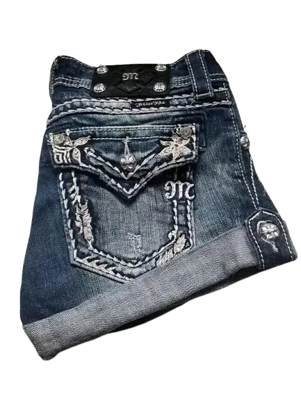 Retro Angel Wing Denim Shorts Y2K Women Gothic Hip Hop Pocket Embroidery Retro Black Baggy Shorts High Waist Slim Fit Mini Skirt - DRACO COUTURE