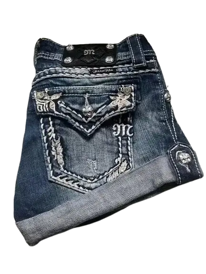 Retro Angel Wing Denim Shorts Y2K Women Gothic Hip Hop Pocket Embroidery Retro Black Baggy Shorts High Waist Slim Fit Mini Skirt - DRACO COUTURE