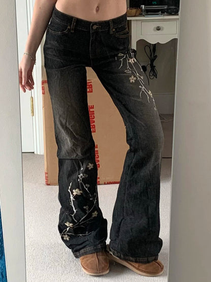Weekeep Floral Embroidery Jeans Vintage 2000s