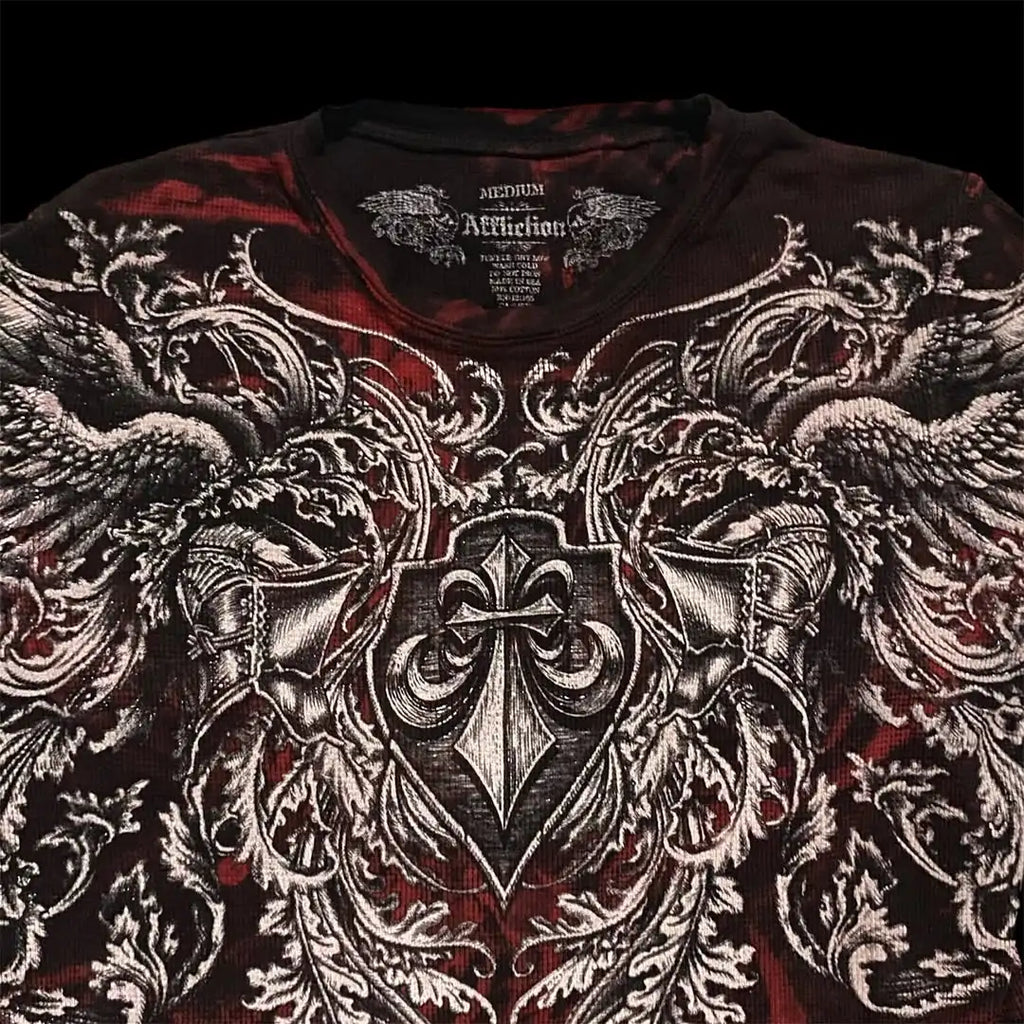 Affliction Red Langarmshirt, Hip-Hop-Stil, Rundhalsausschnitt, Oversize-Schnitt, Herren, Casual, Gothic, Totenkopf, Heilige Schrift, Streetwear