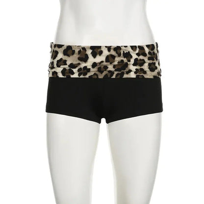 SUCHCUTE Leopard Print Patchwork Skinny Shorts Y2K Aesthetic 2000s Elastic Waist Bottoms Women Fashion Grunge Fairycore Clothes - DRACO COUTURE