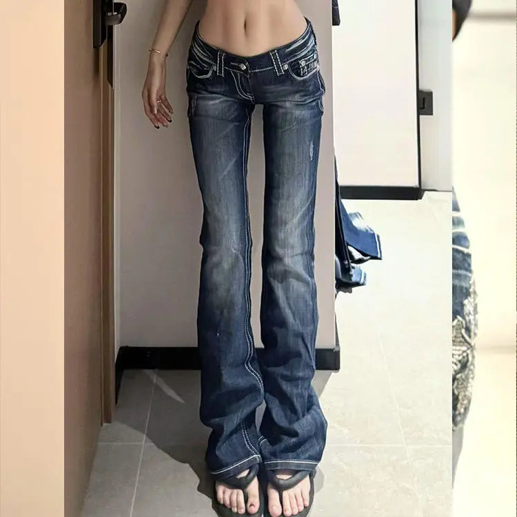 Damen Y2K Gothic Stickerei Hot Diamonds Denimhose Harajuku Retro Hip Hop Low Waist Jeans Fashion Hot Girl Straight Jeans