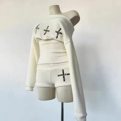 Goth Aesthetic Long Sleeve Two Piece Set Women Off Shoulder Top + Sexy Slim Shorts Y2K Cross Harajuku E-Girls Streetwear Outfit DRACO COUTURE