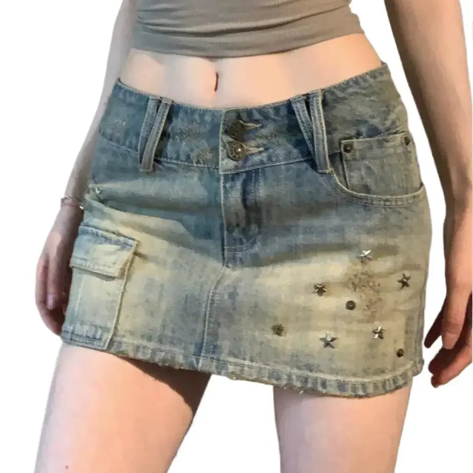 Vintage Star Cropped Studded Denim Mini Dress High-Waisted Slimming Women's Summer Trendy A- Line Skirt DRACO COUTURE