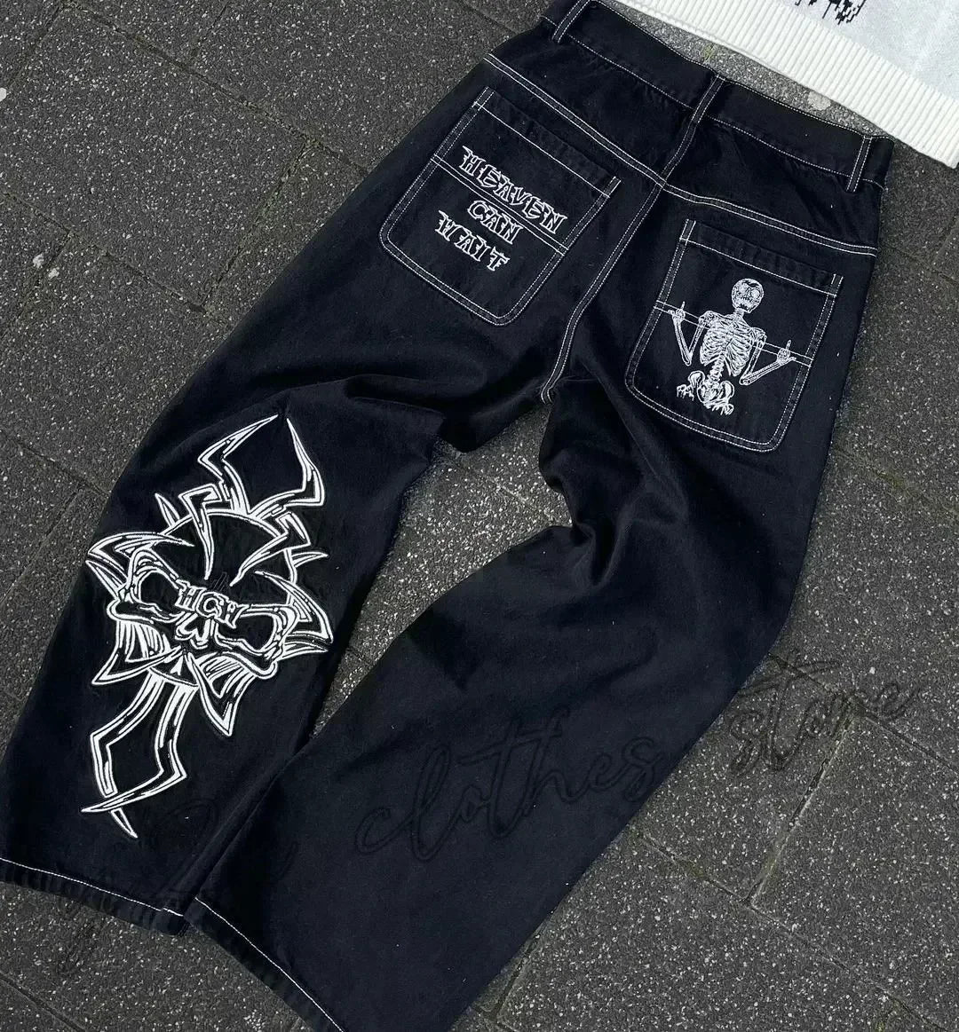 American Street Trend Letter Embroidered Loose Jeans Men Harajuku Y2K New Hip Hop Oversized Wide-leg Pants Unisex Mopping Jeans DRACO COUTURE