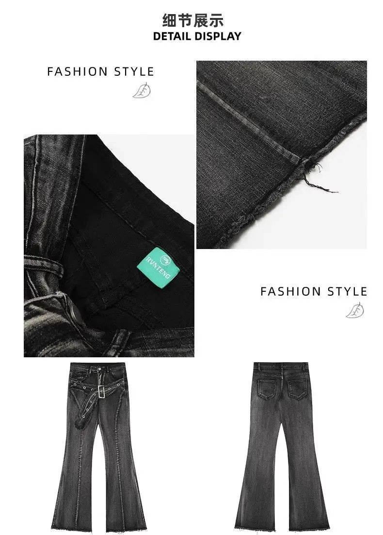 Vintage Slim Micro-flare Jeans Women Ins Fashionable Splicing Belt Edge Y2K Pants High Waist Straight American Street Trousers