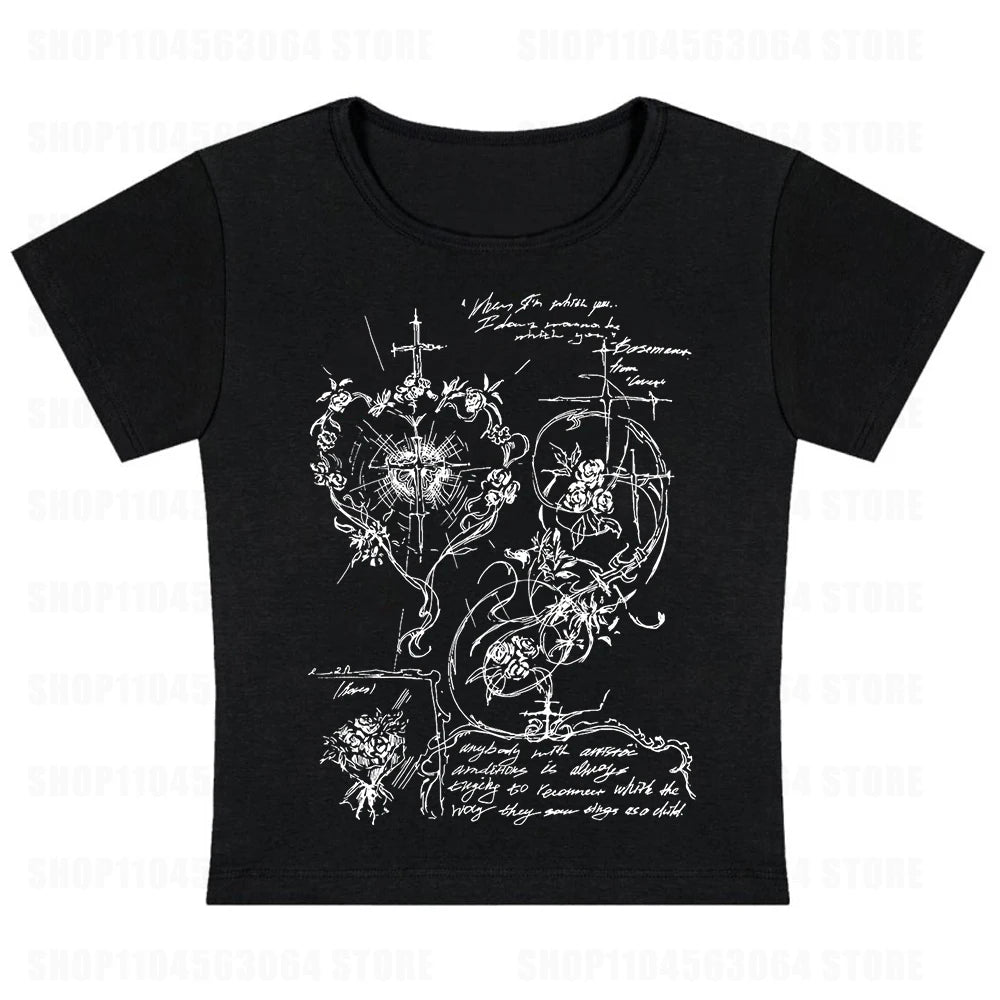 2K Fairy Grunge Grafik-T-Shirts für Damen, E-Girls, Goth Rippstrick-Langarm-Tops, Vintage Emo Kleidung, 2000er Retro Streetwear