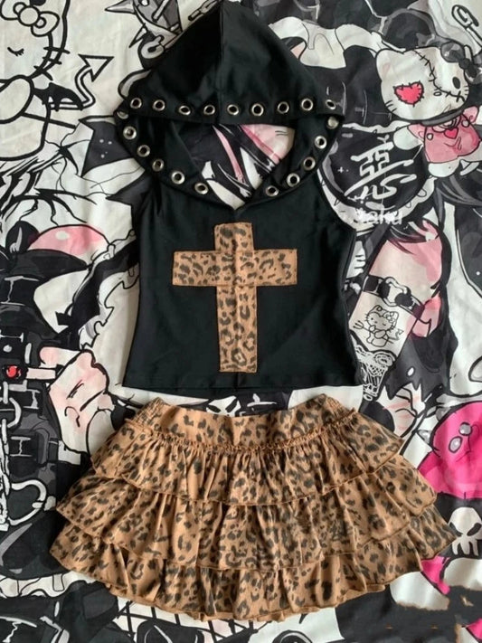 2000s Aesthetic Sexy Leopard Two Piece Set E-gilr Y2k Hoodie Tank Tops + Brown Print Cake Skirt Suit Retro Sleeveless Outfit New DRACO COUTURE