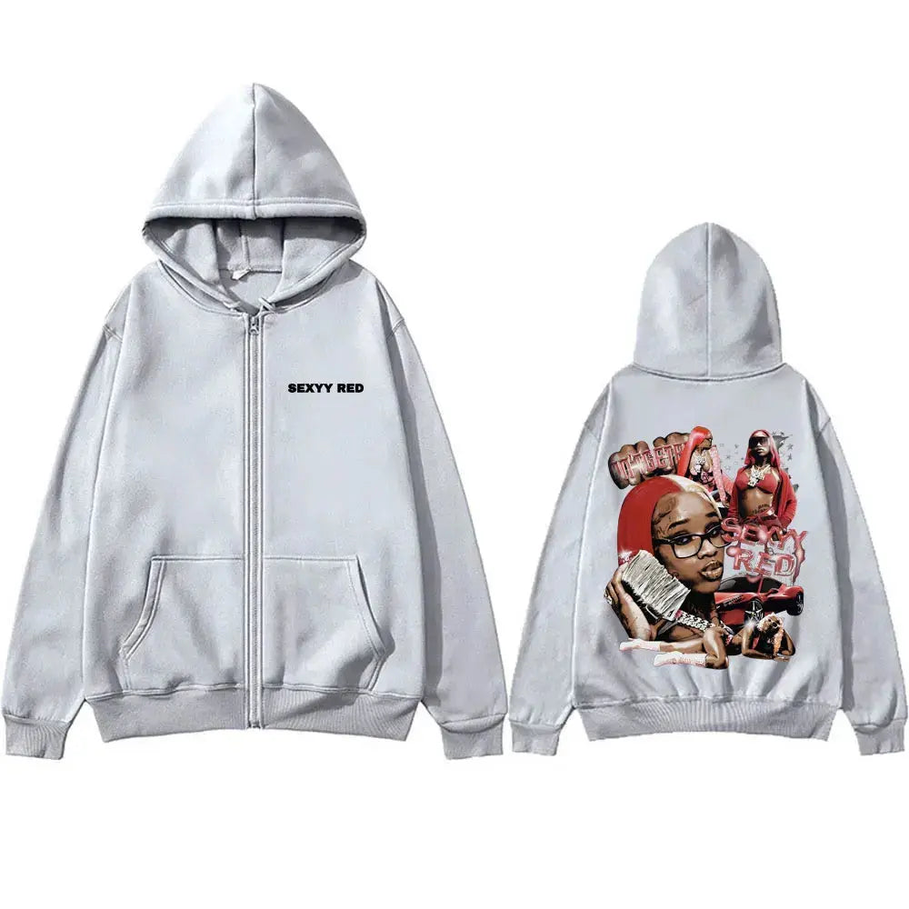 Rapper Sexyy Red Zipper Hoodie Men Women Fashion Hip Hop Vintage Zip Up Jacket Unisex Fleece Casual Oversized Zip Up Sweatshirt - DRACO COUTURE