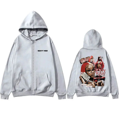 Rapper Sexyy Red Zipper Hoodie Men Women Fashion Hip Hop Vintage Zip Up Jacket Unisex Fleece Casual Oversized Zip Up Sweatshirt - DRACO COUTURE