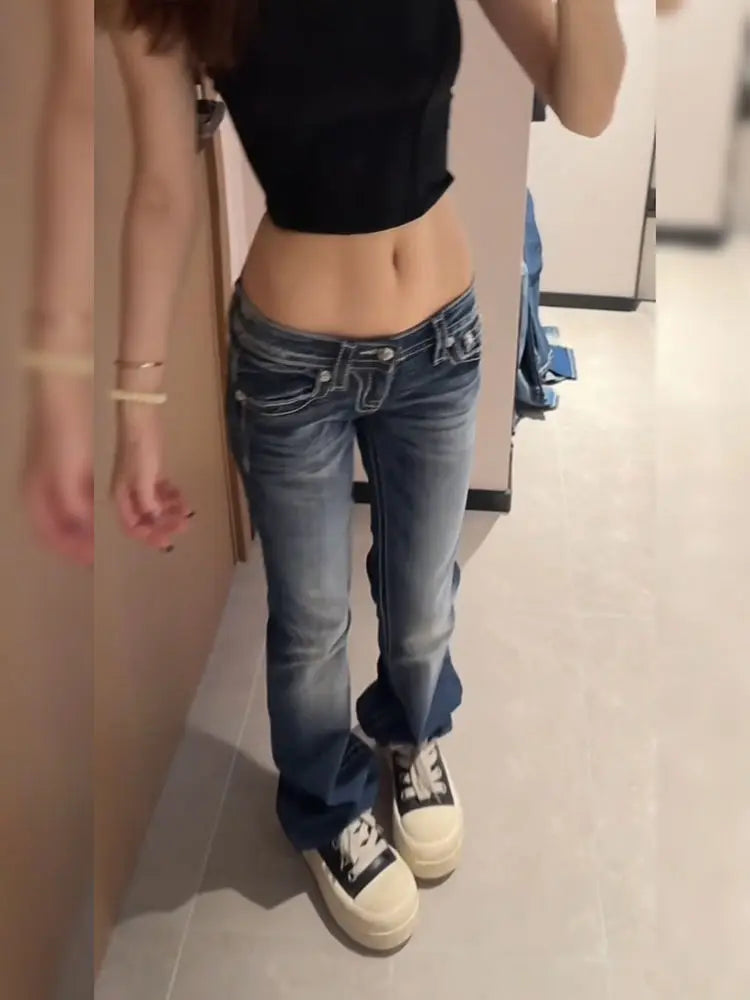 Damen Y2K Gothic Stickerei Hot Diamonds Denimhose Harajuku Retro Hip Hop Low Waist Jeans Fashion Hot Girl Straight Jeans