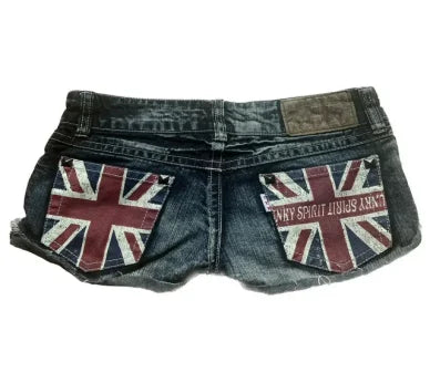 Street style British flag pattern women's shorts Y2k denim goth slim sexy fashionable and versatile low waist black denim shorts DRACO COUTURE