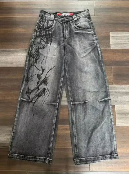 American Street Trend Letter Embroidered Loose Jeans Men Harajuku Y2K New Hip Hop Oversized Wide-leg Pants Unisex Mopping Jeans DRACO COUTURE