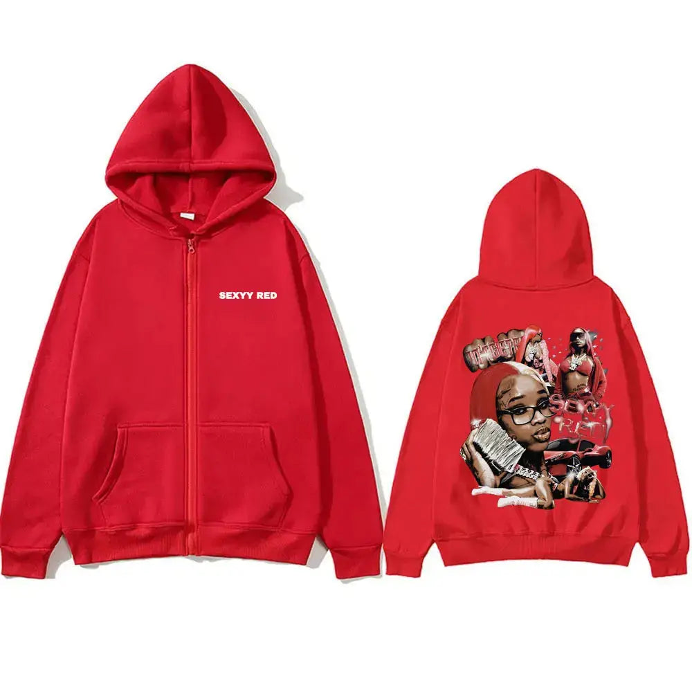 Rapper Sexyy Red Zipper Hoodie Men Women Fashion Hip Hop Vintage Zip Up Jacket Unisex Fleece Casual Oversized Zip Up Sweatshirt - DRACO COUTURE