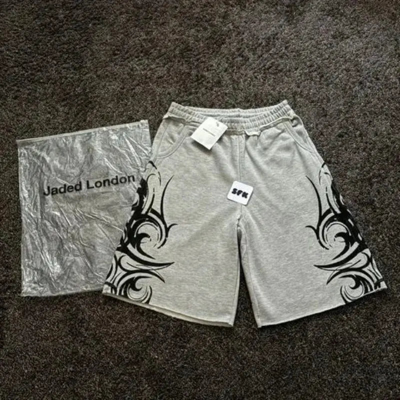 90s Harajuku Print Casual Men Women Geometric Graffiti Shorts Y2K High Waist Baggy Hip Hop Pure Cotton Sports Wide Leg Shorts - DRACO COUTURE