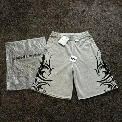 90s Harajuku Print Casual Men Women Geometric Graffiti Shorts Y2K High Waist Baggy Hip Hop Pure Cotton Sports Wide Leg Shorts - DRACO COUTURE