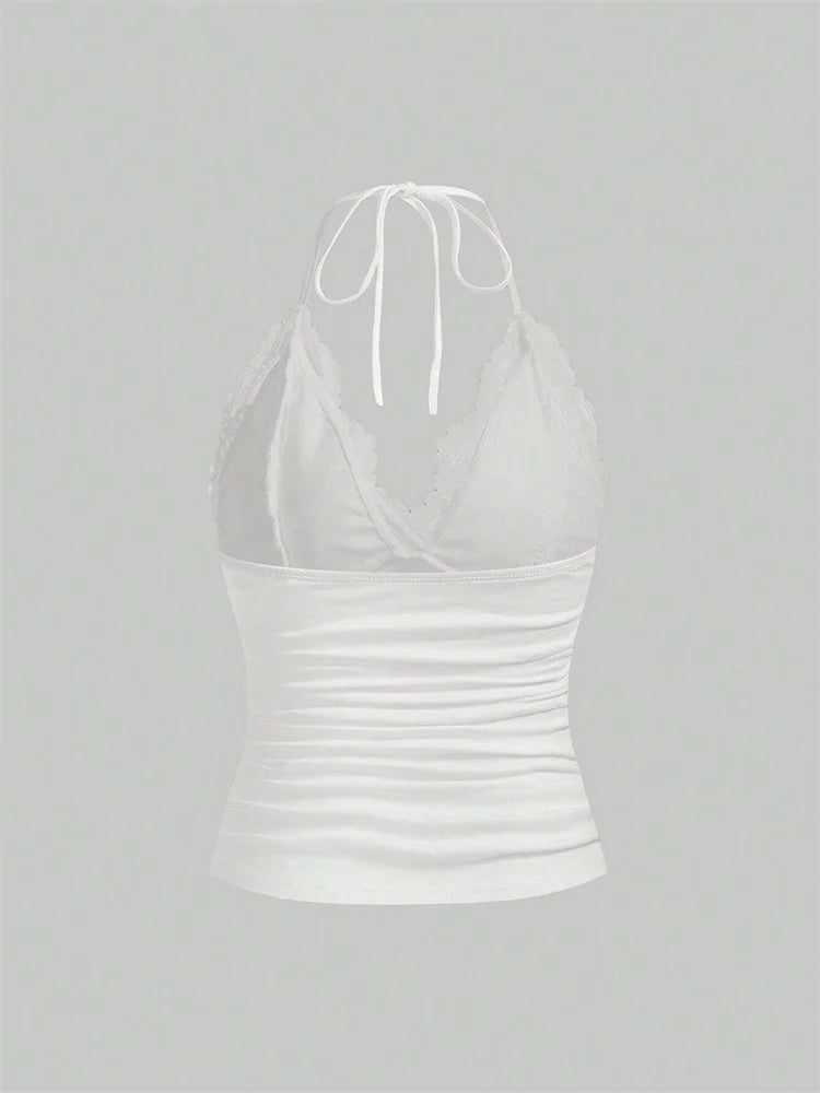 Lace V-neck Halter Top Women Summer Sexy Grunge Punk Goth Backless Ruched Crop Top Cami Top Streetwear Y2K Clothes 2024 DRACO COUTURE