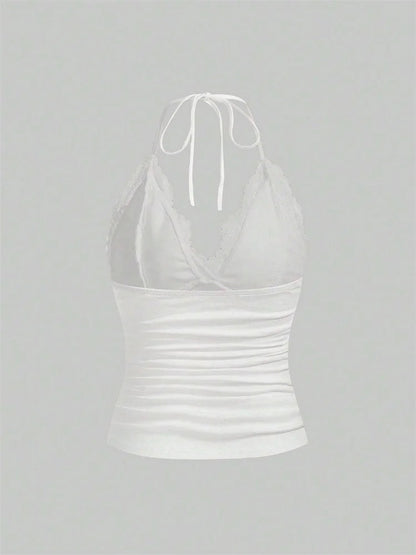 Lace V-neck Halter Top Women Summer Sexy Grunge Punk Goth Backless Ruched Crop Top Cami Top Streetwear Y2K Clothes 2024 DRACO COUTURE